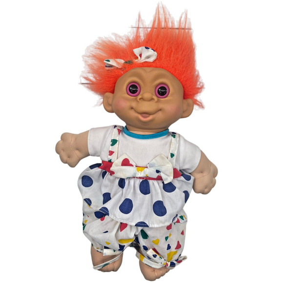 MT Multi Toys 1992 Troll Doll 12" GLO Girl Polka Dot Heart Orange Hair Pink Eyes - Picture 1 of 9